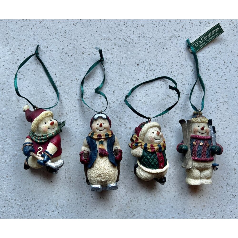 Set Of 4 TJs Christmas Snowman Ornaments With Sports Theme